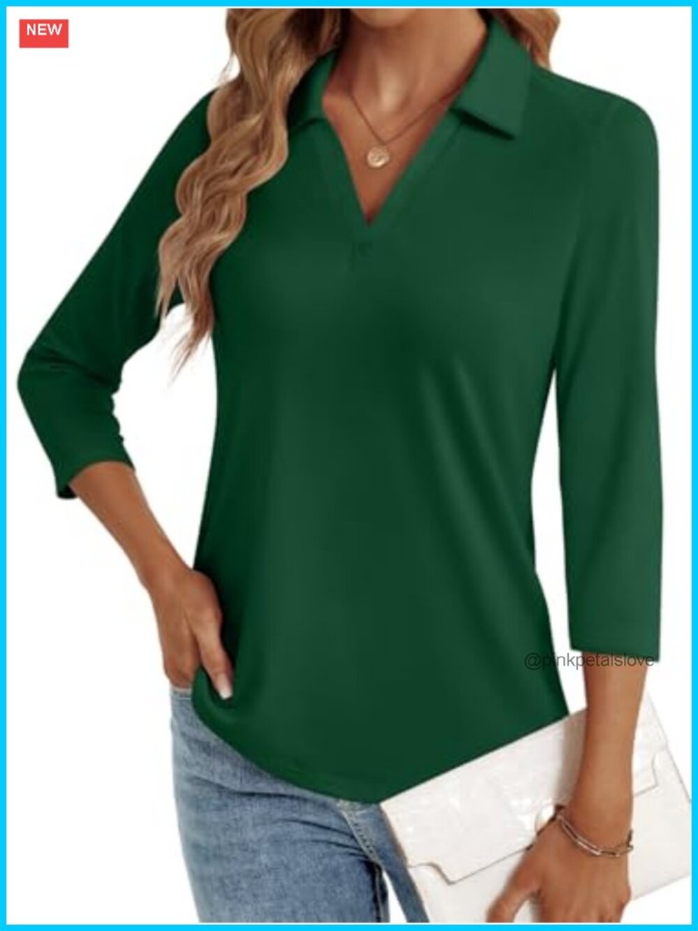 Women's 3/4 Sleeve V-Neck Pleated Business Casual Top